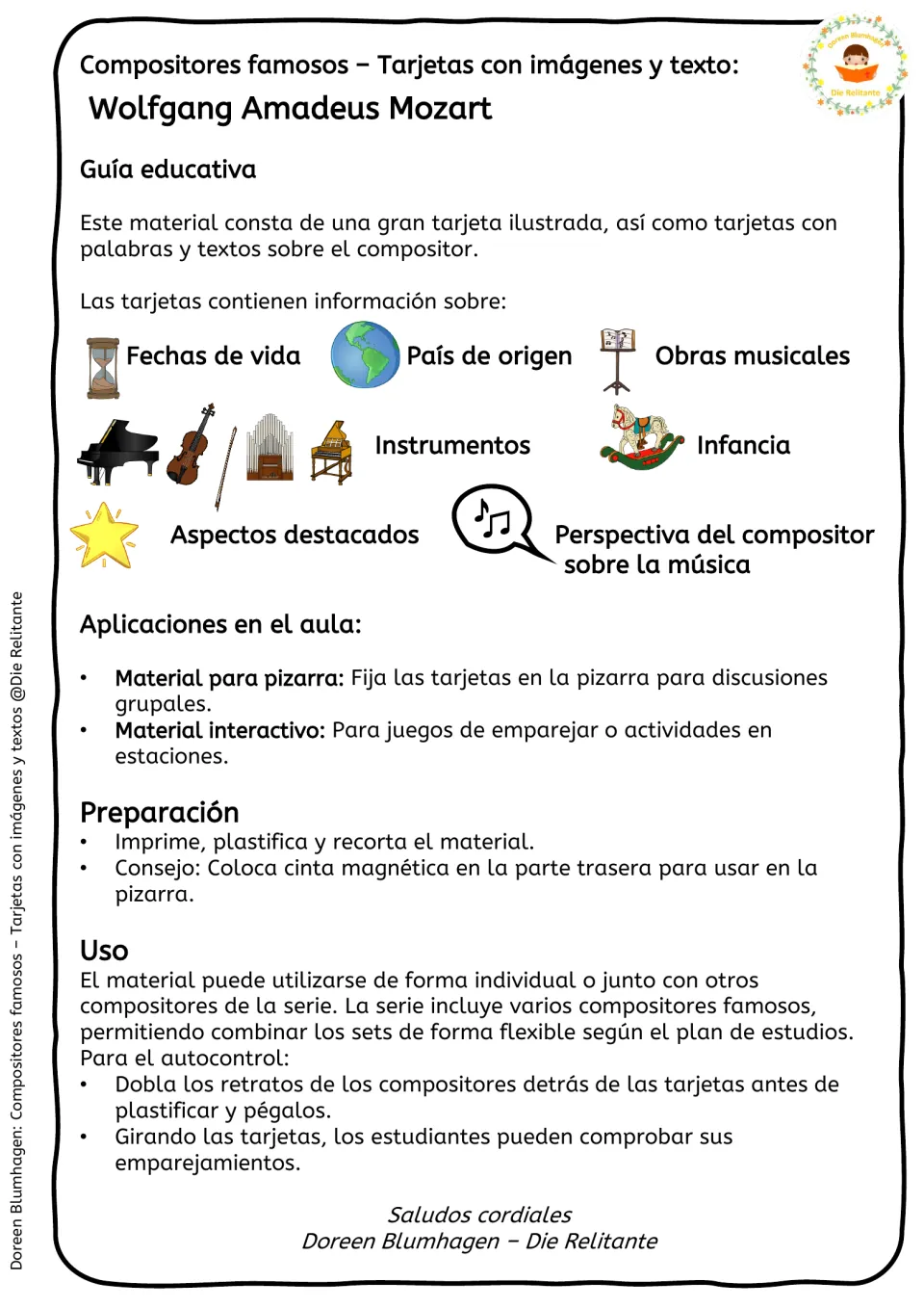 Teaching guide for the Mozart cards, covering fact categories, board display, matching, and preparation