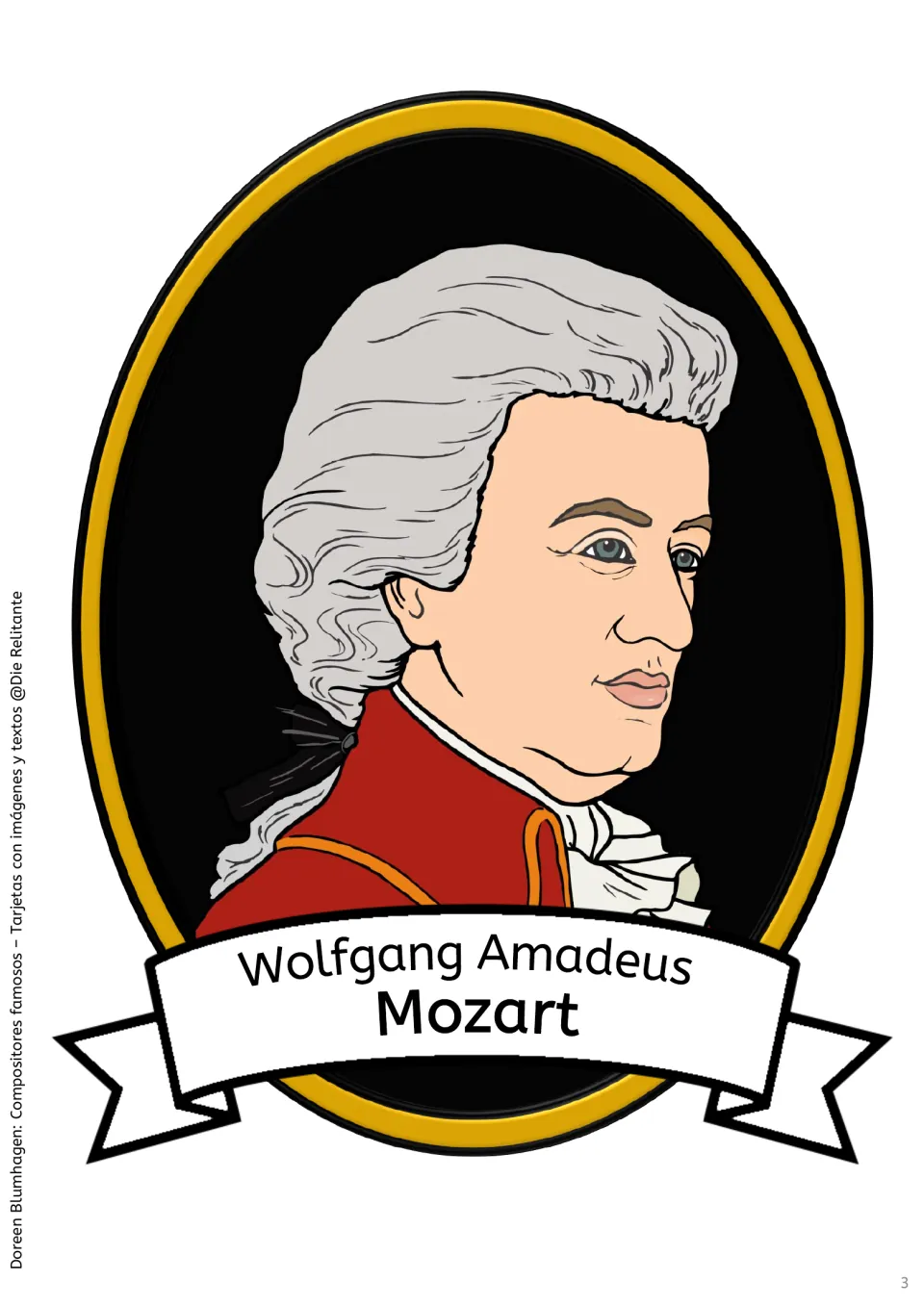 Large portrait card labeled Wolfgang Amadeus Mozart for the Spanish composer display and matching set
