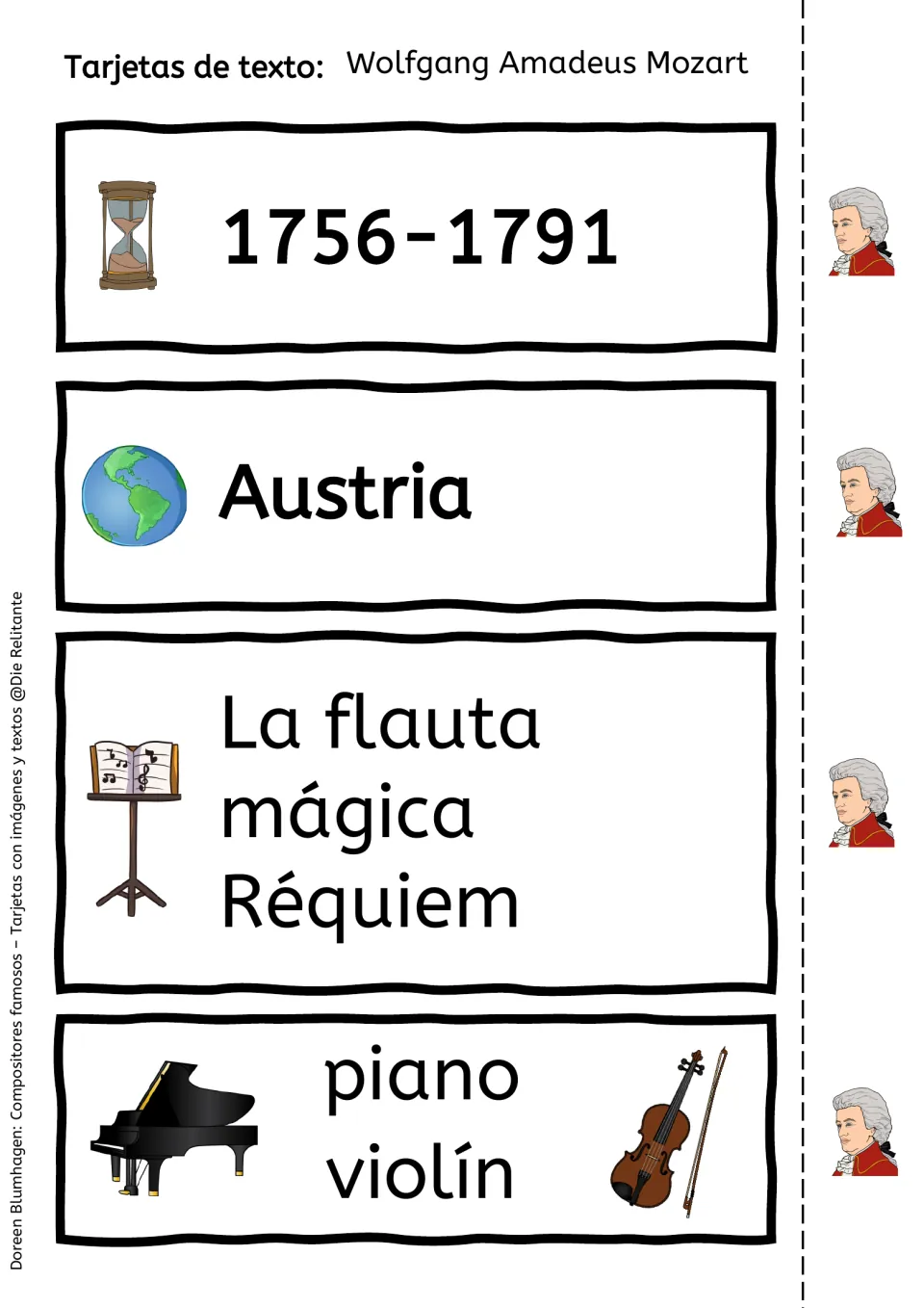 Mozart text cards 1–4: 1756–1791, Austria, La flauta mágica (The Magic Flute) and Requiem, piano and violin