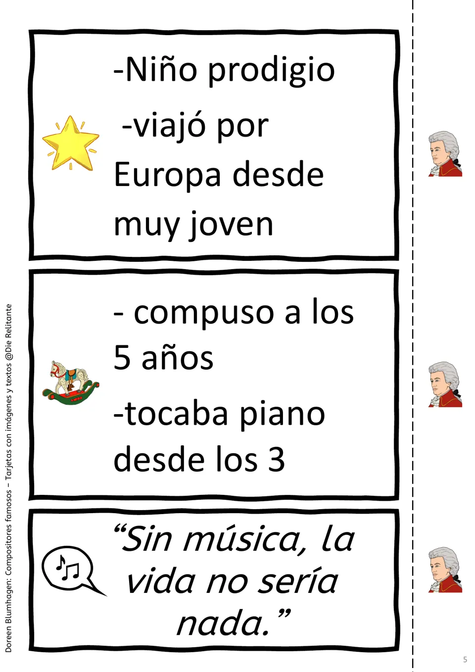 Mozart text cards 5–7: child prodigy and European travel, composing at five and piano at three, music quote