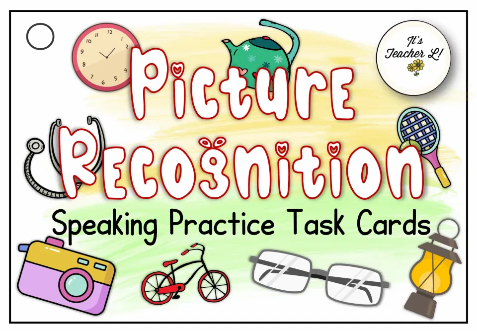 Picture Recognition Speaking Practice Task Cards cover with a clock, kettle, bicycle, camera, glasses and lantern