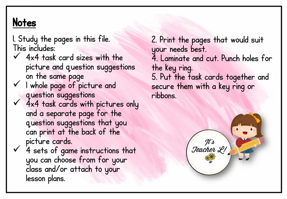 Teacher notes listing file contents: 4x4 task cards, question pages and game instructions, plus print and laminate steps
