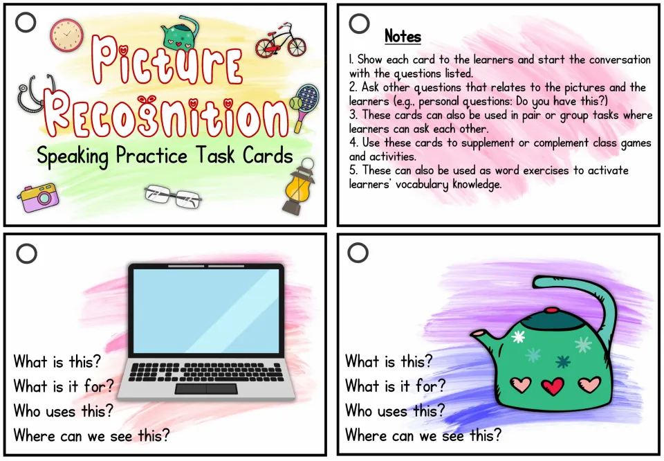 Speaking cards: a title card, usage notes, and laptop and kettle cards asking What is this? What is it for? Who uses this?