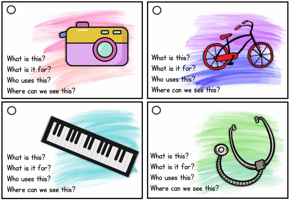 Picture recognition cards for a camera, bicycle, keyboard and stethoscope; students say what each is for and who uses it