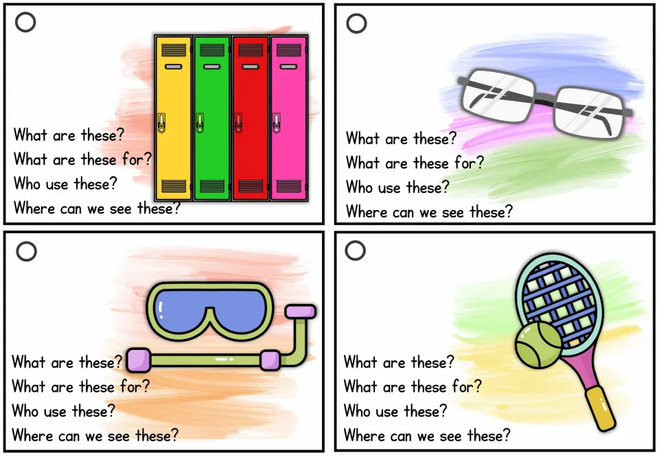 Plural speaking cards for lockers, glasses, a snorkel mask and tennis racket asking What are these? and Who use these?