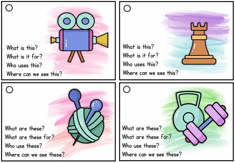 Object cards for a film camera, chess rook, yarn with knitting needles and weights; students describe use and who uses them