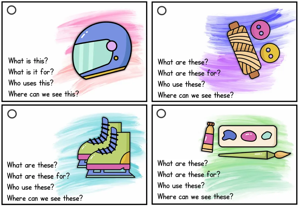 Speaking cards showing a helmet, thread and buttons, ice skates and paints; students name each object and where it is seen