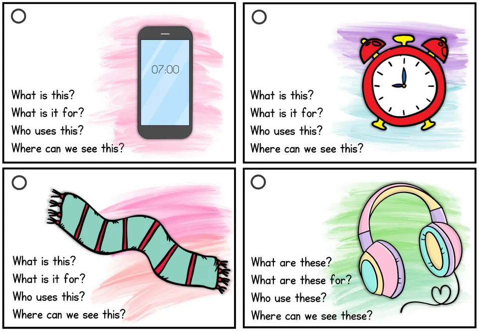 Vocabulary speaking cards for a phone, alarm clock, scarf and headphones; students explain what each is for and who uses it
