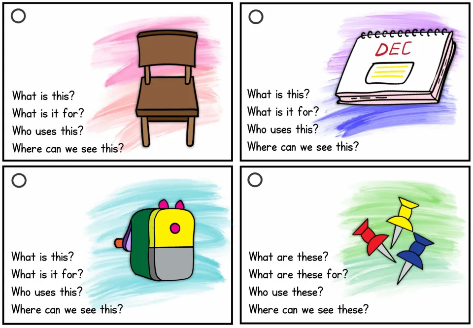 Object cards for a chair, December calendar and push pins with What is this? and Where can we see this?