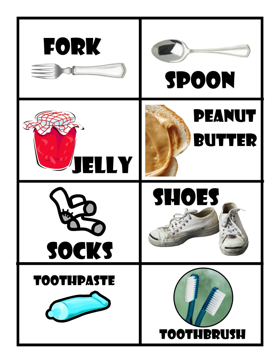 Go-together pairs: 8 labeled picture cards for fork, spoon, jelly, peanut butter, socks, shoes, toothpaste, toothbrush