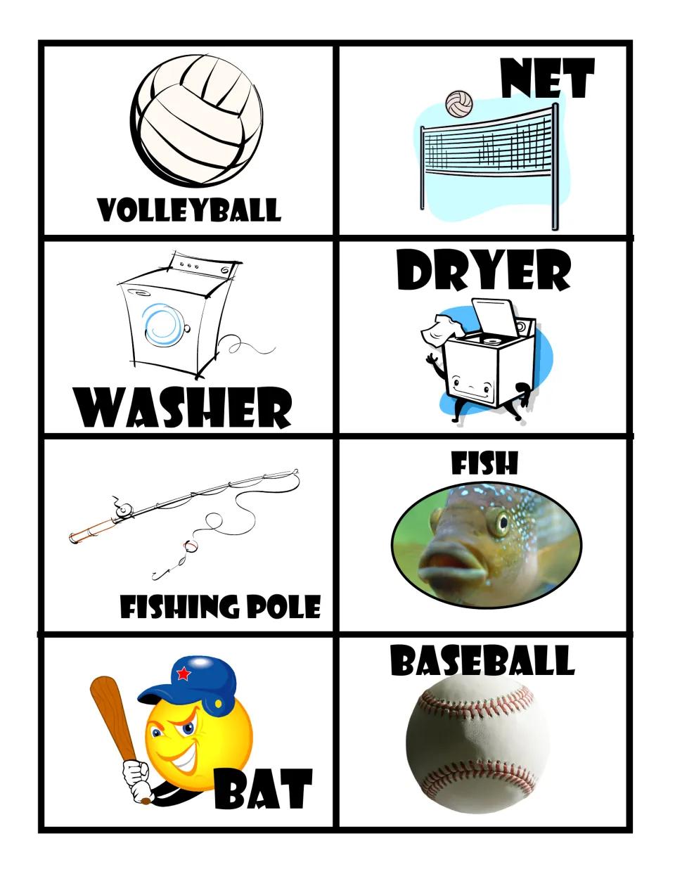Related-word cards to pair: volleyball and net, washer and dryer, fishing pole and fish, bat and baseball, each pictured