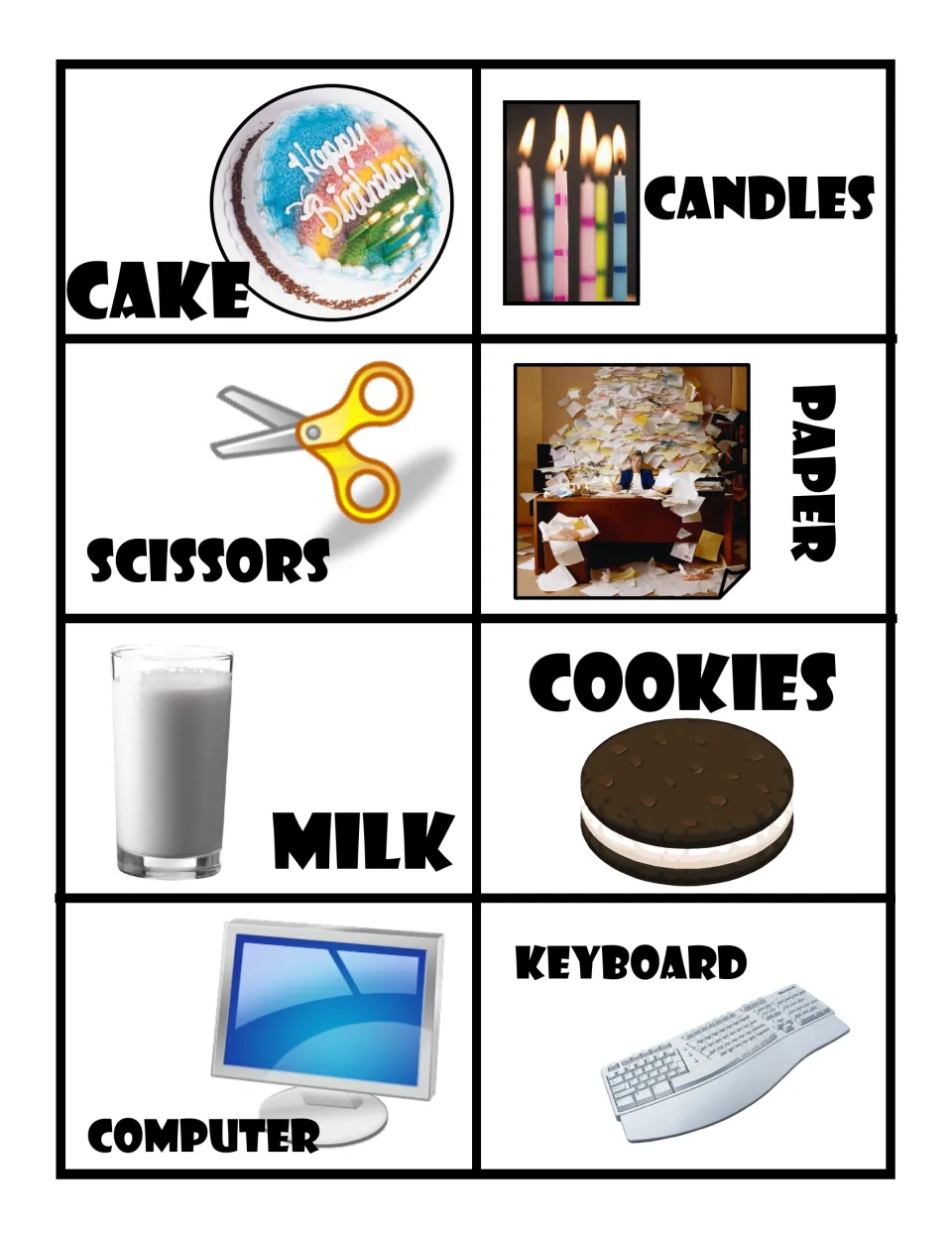 Matching pairs on picture cards: cake and candles, scissors and paper, milk and cookies, computer and keyboard