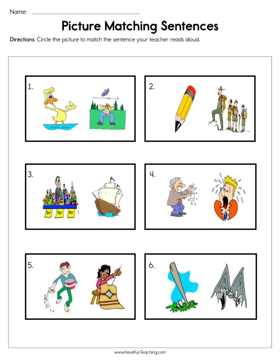 Listening for meaning: students circle the picture in each of 6 pairs, like duck or camper, that fits a sentence read aloud