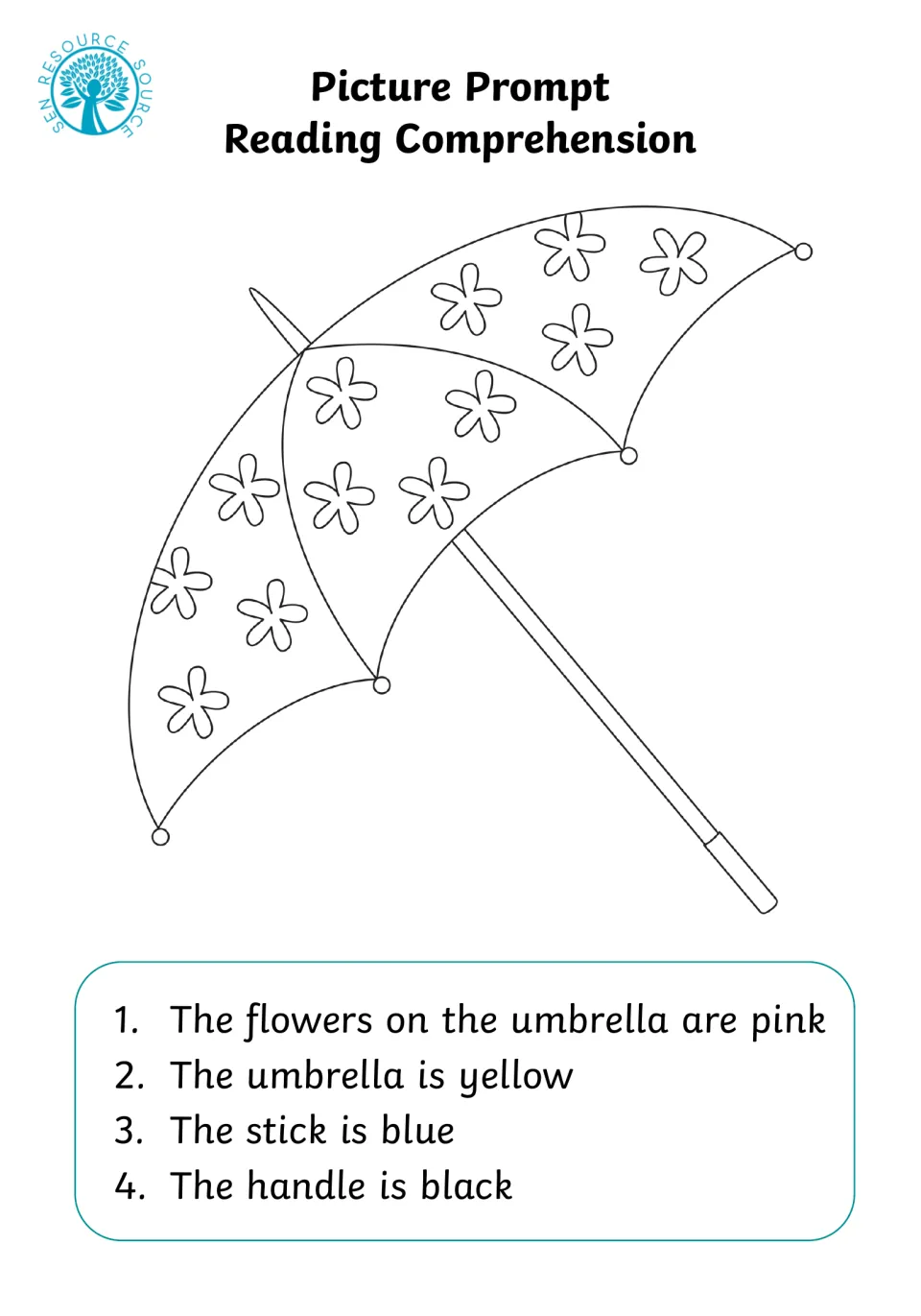 Umbrella reading prompt: students read 4 sentences and color a flowered umbrella pink, yellow, blue and black to match