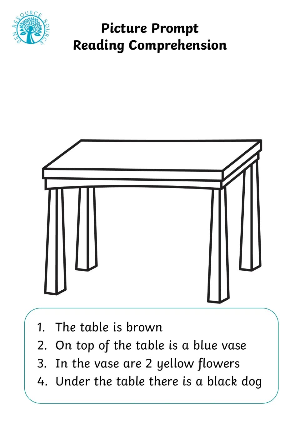 Table reading prompt: students color a table brown, then draw a blue vase, 2 yellow flowers on top and a black dog under it