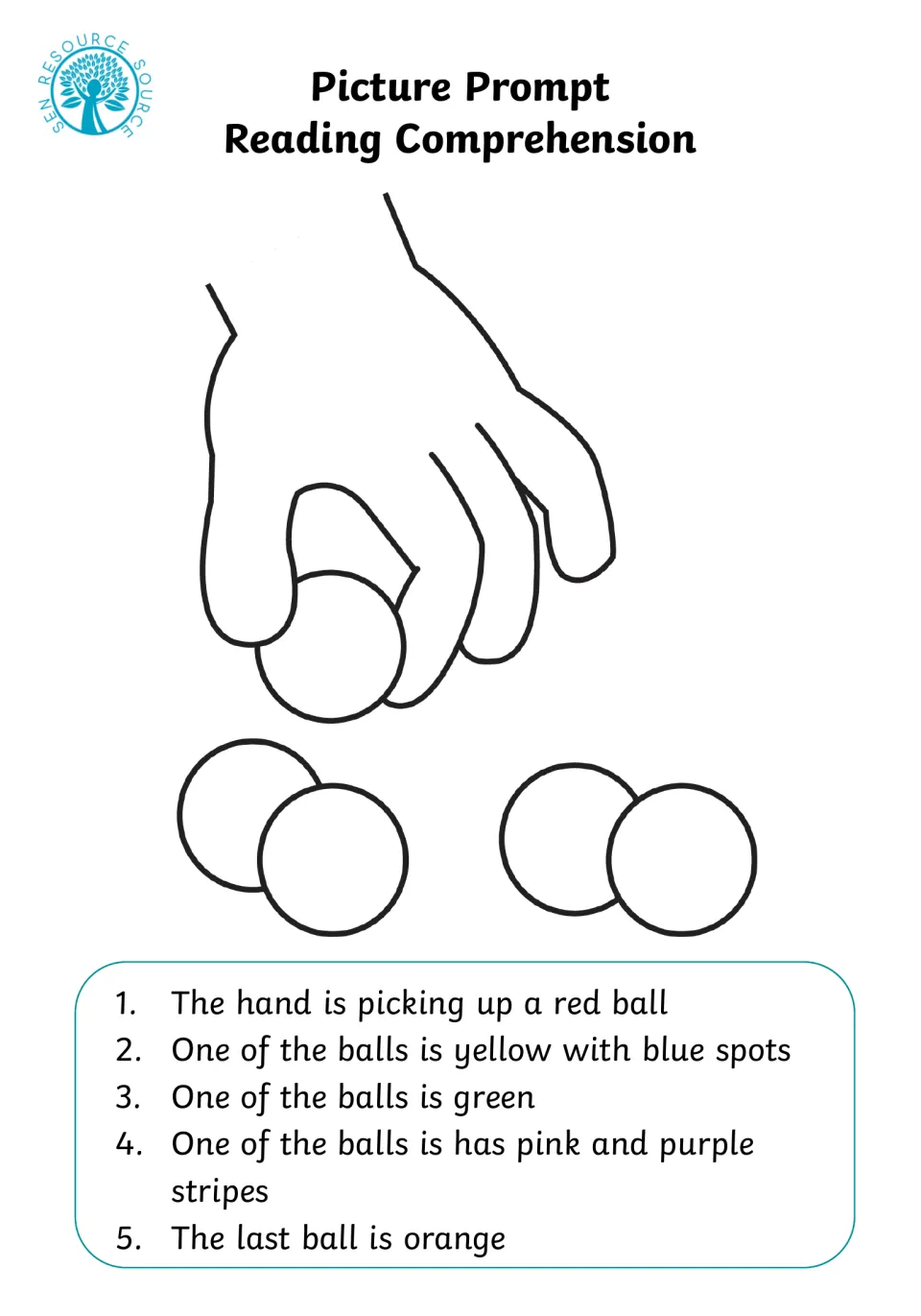 Balls reading prompt: a hand lifts one of 5 balls; students read clues and color them red, spotted, green, striped, orange