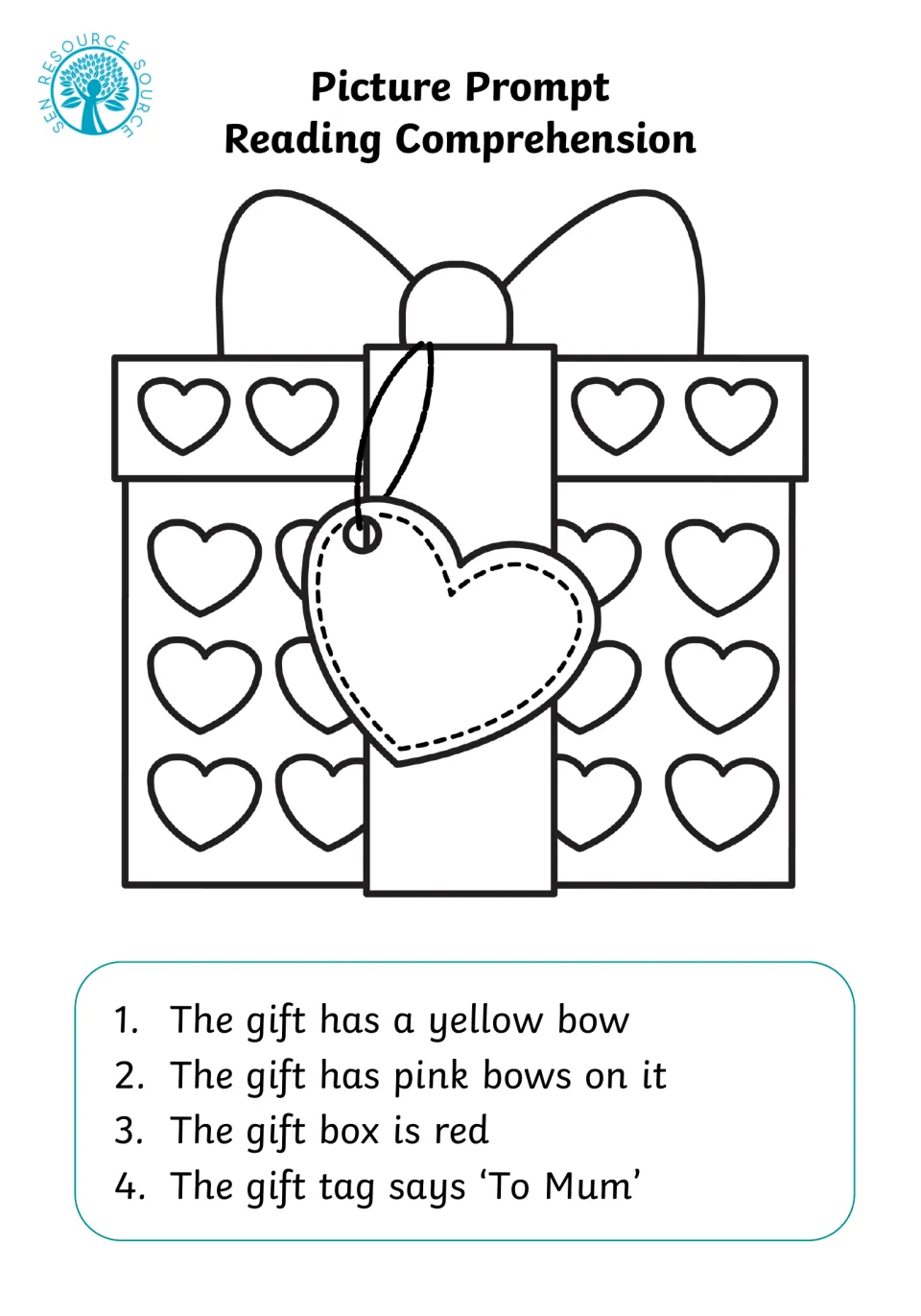 Gift reading prompt: students color a heart-patterned present red with yellow and pink bows and write 'To Mum' on the tag