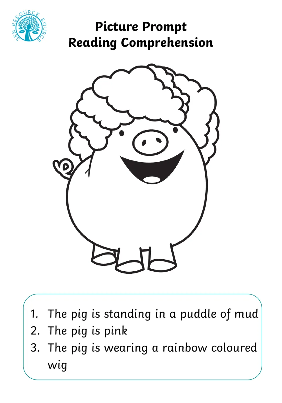 Pig reading prompt: students read 3 sentences, color a pig pink with a rainbow wig and draw the mud puddle it stands in