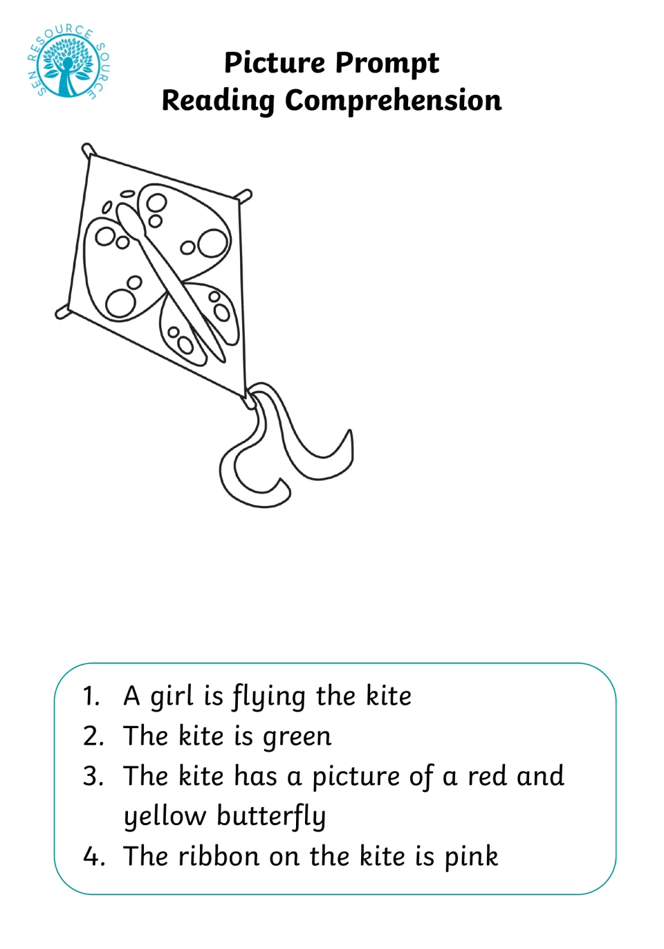 Kite reading prompt: students color a green butterfly kite with a pink ribbon and add the girl who is flying it