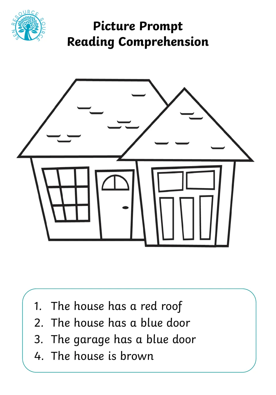 House reading prompt: students read 4 sentences and color a brown house with a red roof, blue door and blue garage door