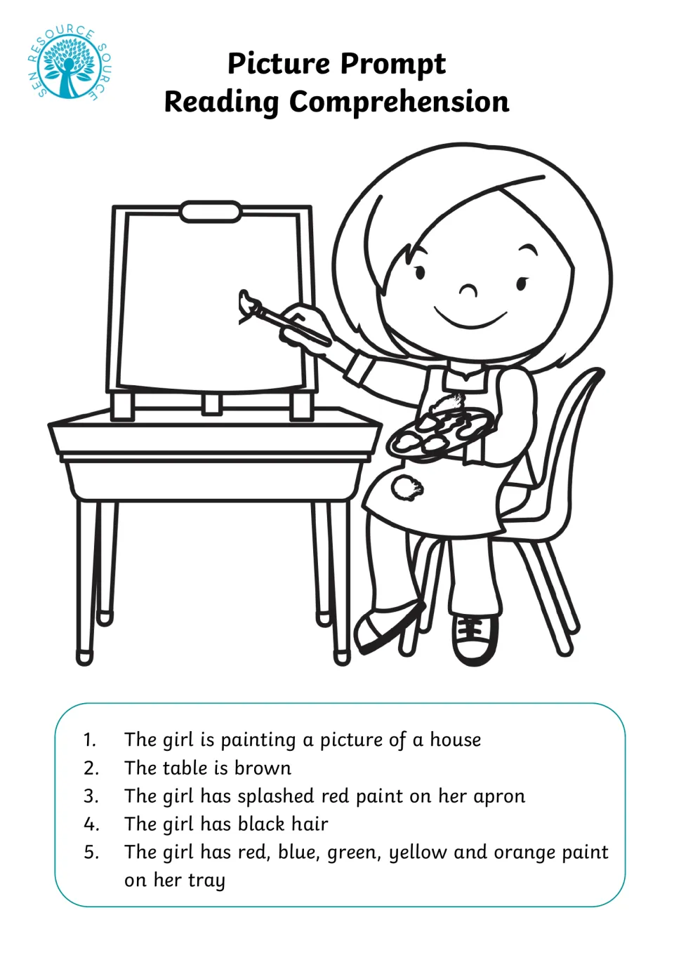Painting reading prompt: students read 5 clues, draw a house on the girl's easel and color her hair, apron and paint tray