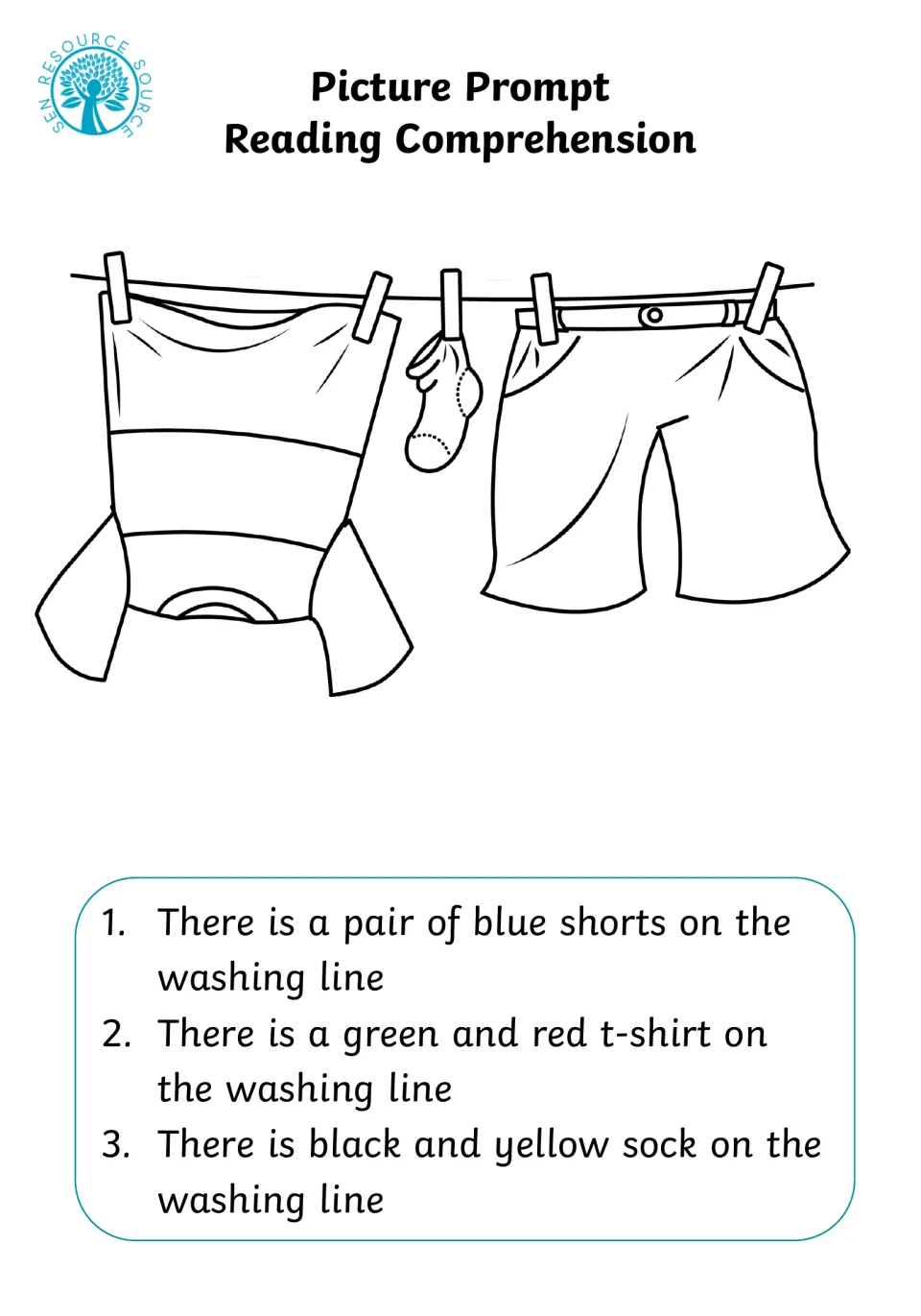 Washing line reading prompt: students color the blue shorts, green and red t-shirt and black and yellow sock hanging up
