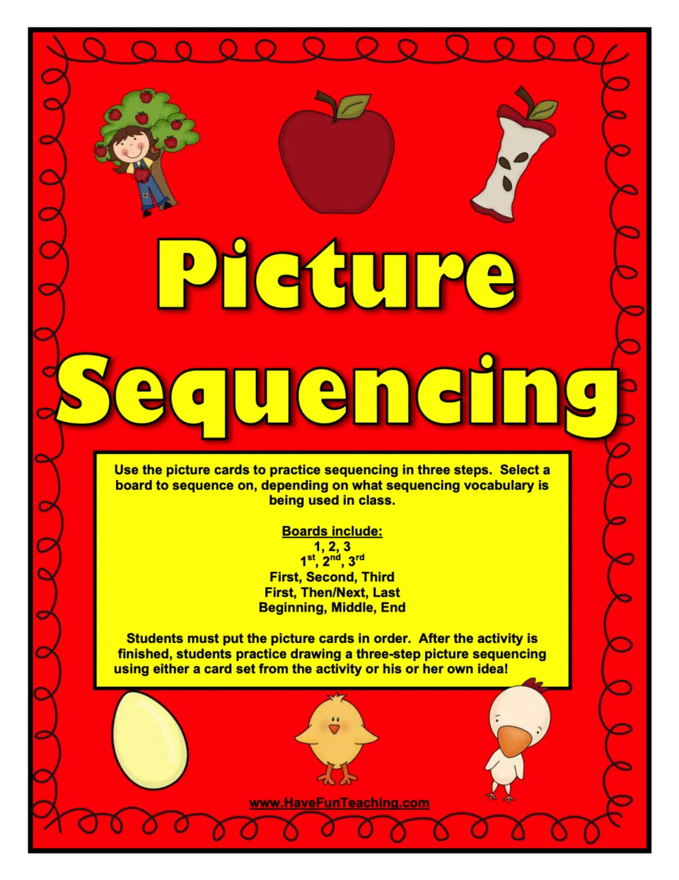 Picture Sequencing cover: three-step card directions and five boards, from 1, 2, 3 to Beginning, Middle, End