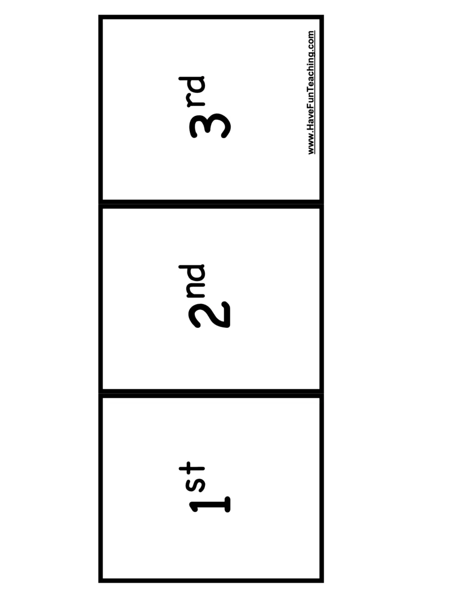 Ordinal number board: students sequence three picture cards on spaces labeled 1st, 2nd and 3rd