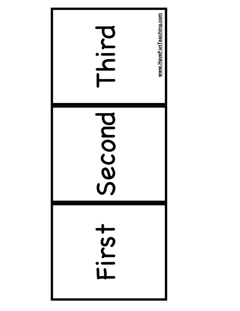 Ordinal word board: students put three picture cards in order on spaces labeled First, Second and Third