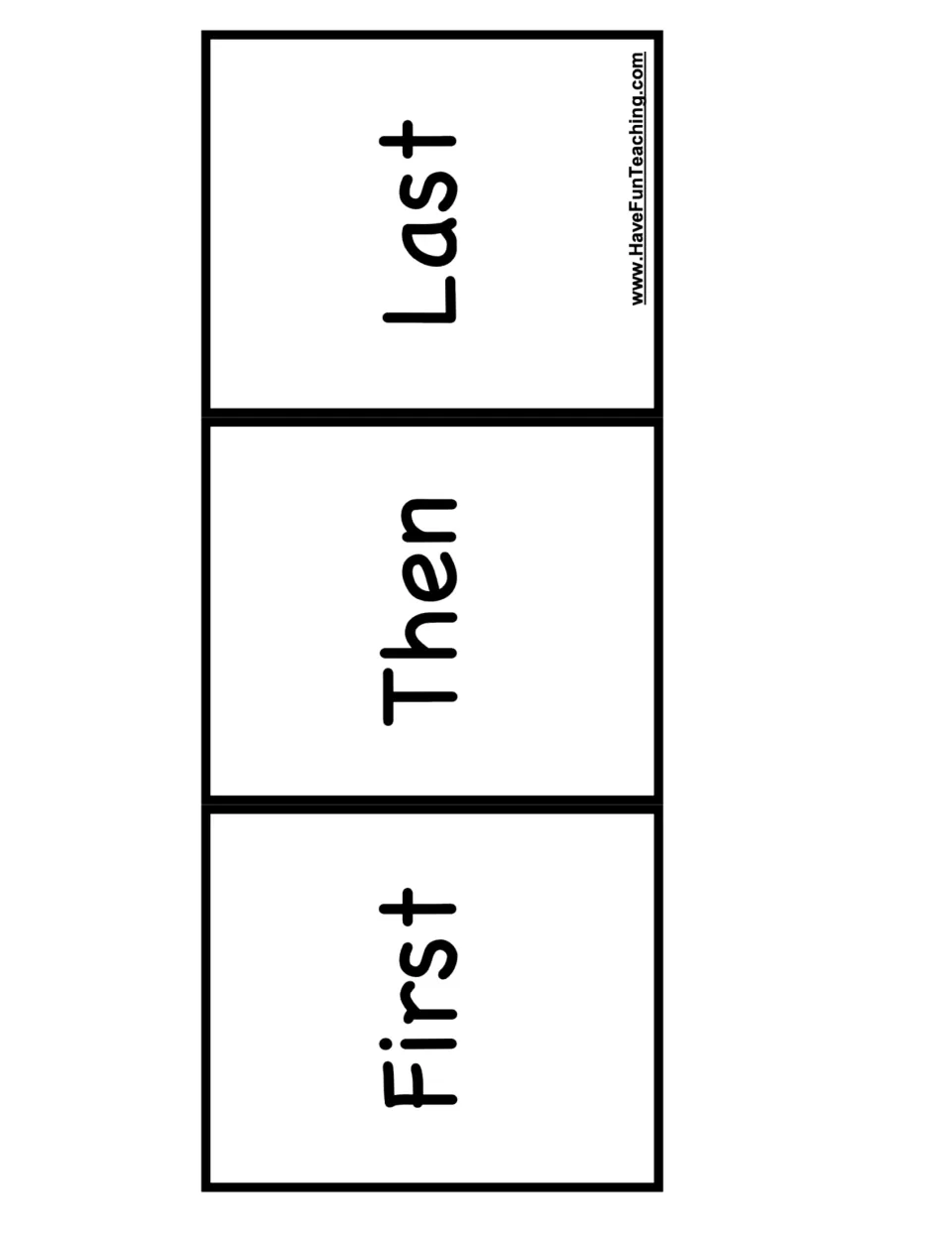 Transition word board: students order three picture cards on spaces labeled First, Then and Last to retell steps