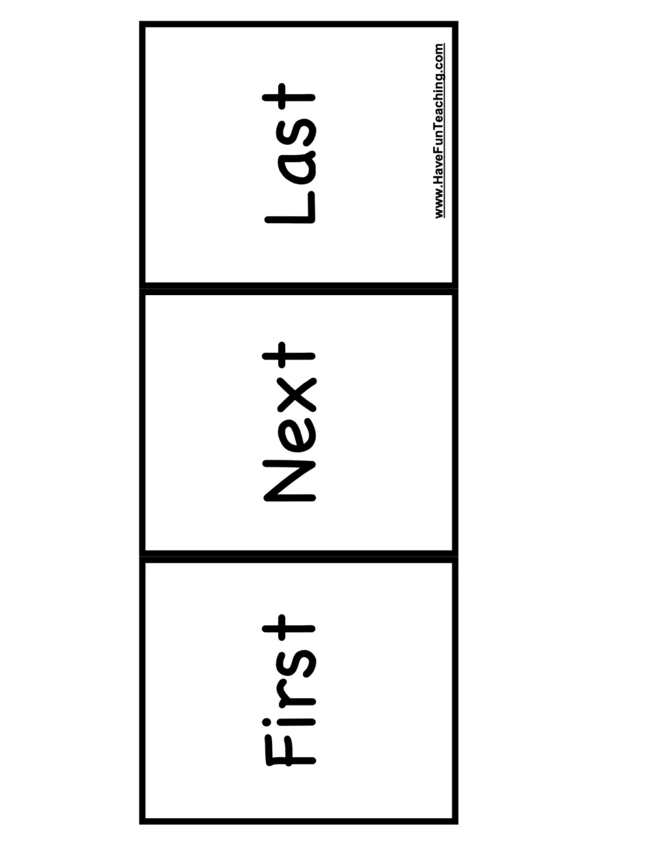 Transition word board: students sequence three picture cards on spaces labeled First, Next and Last