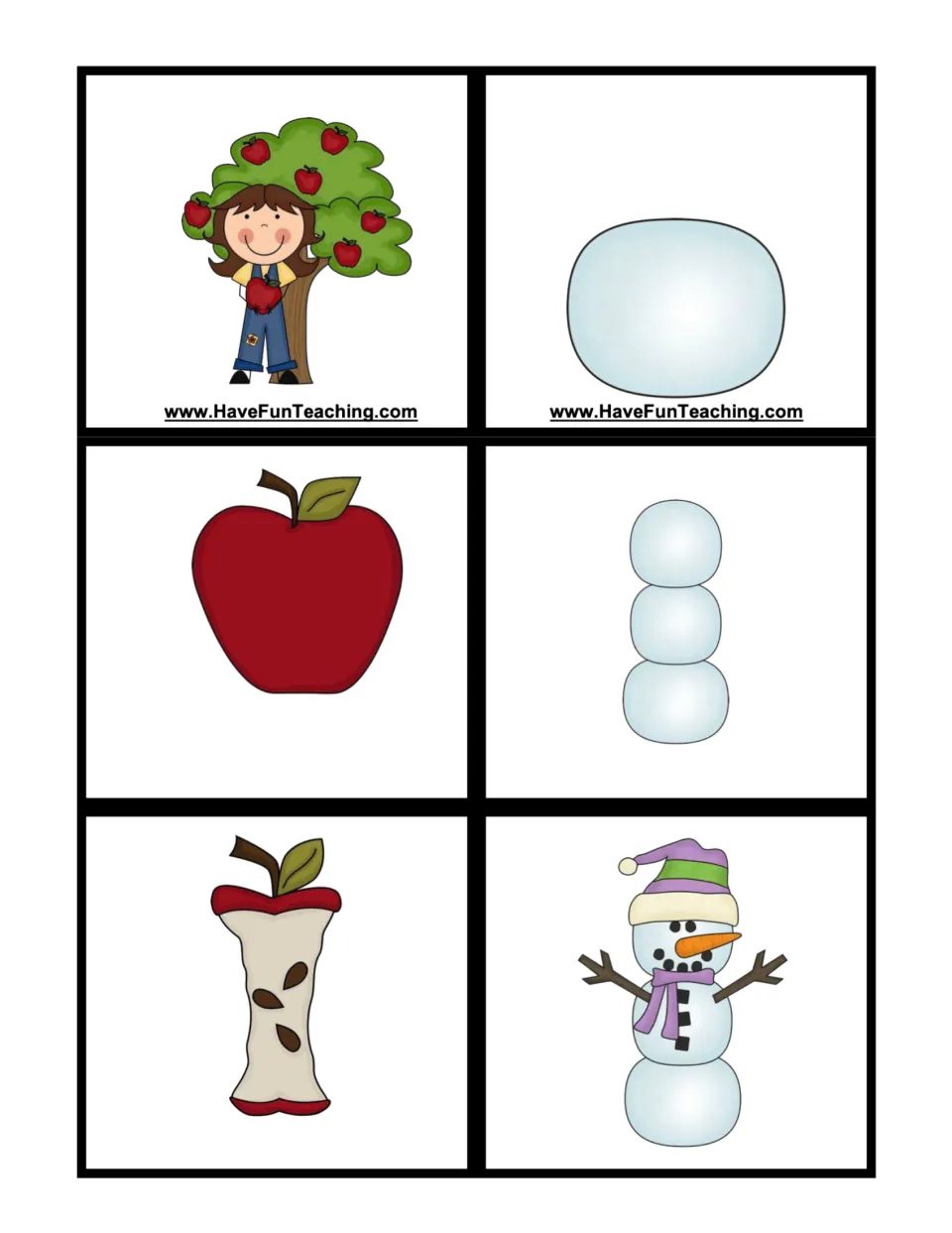 Sequencing cards to cut out: girl picking apples, apple and apple core; snowball, stacked snowballs and finished snowman