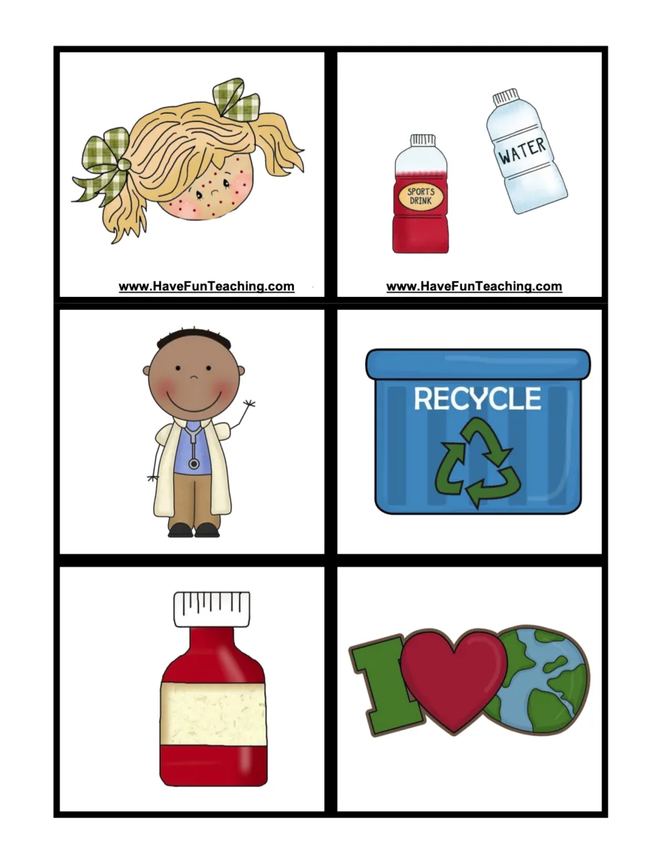 Sequencing cards to cut out: spotted girl, doctor, medicine bottle; drink bottles, recycle bin, I love Earth sign