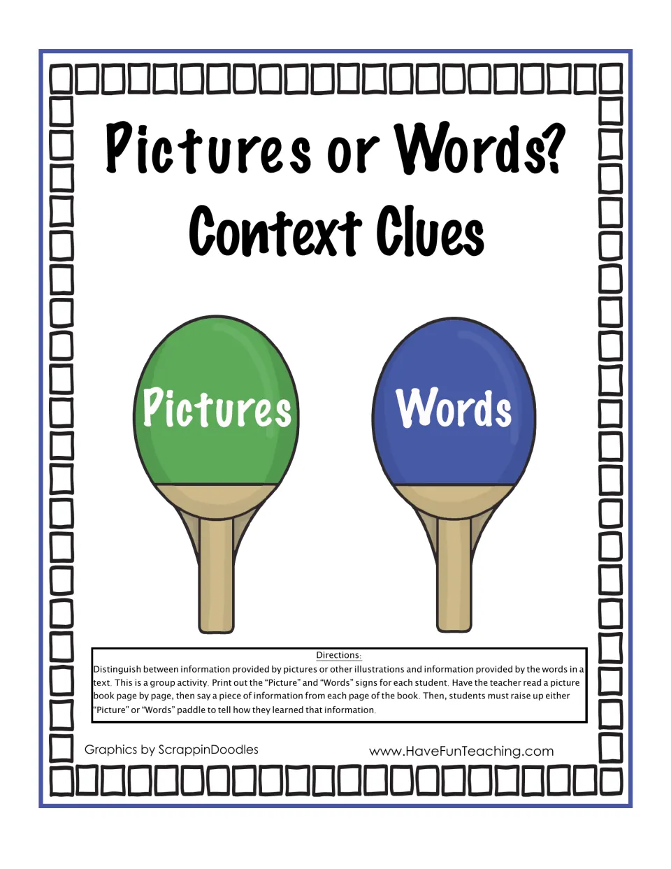 Pictures or Words? Context Clues: students raise a Pictures or Words paddle to show where a read-aloud fact came from