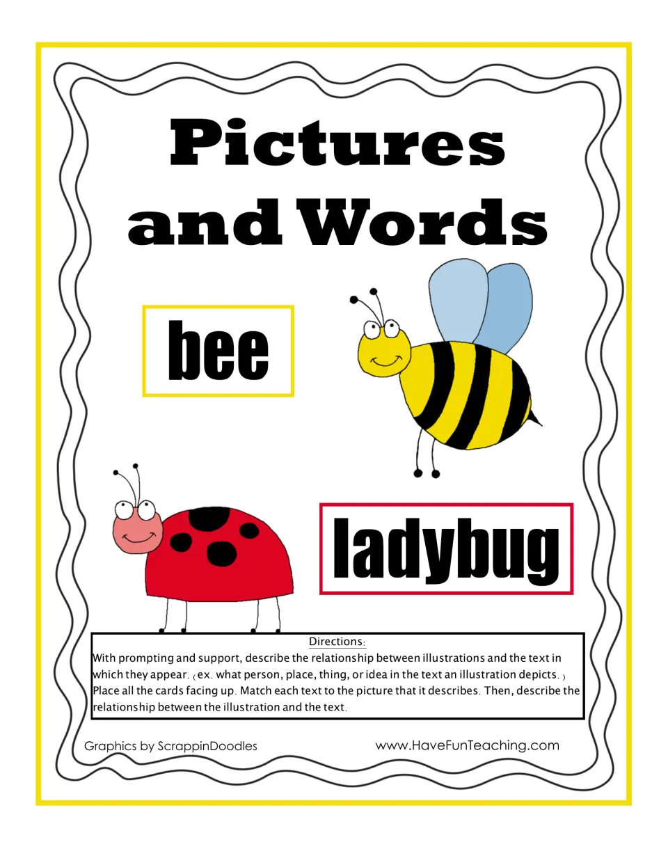 Pictures and Words cover: bee and ladybug examples with directions to match each word card to the picture it describes