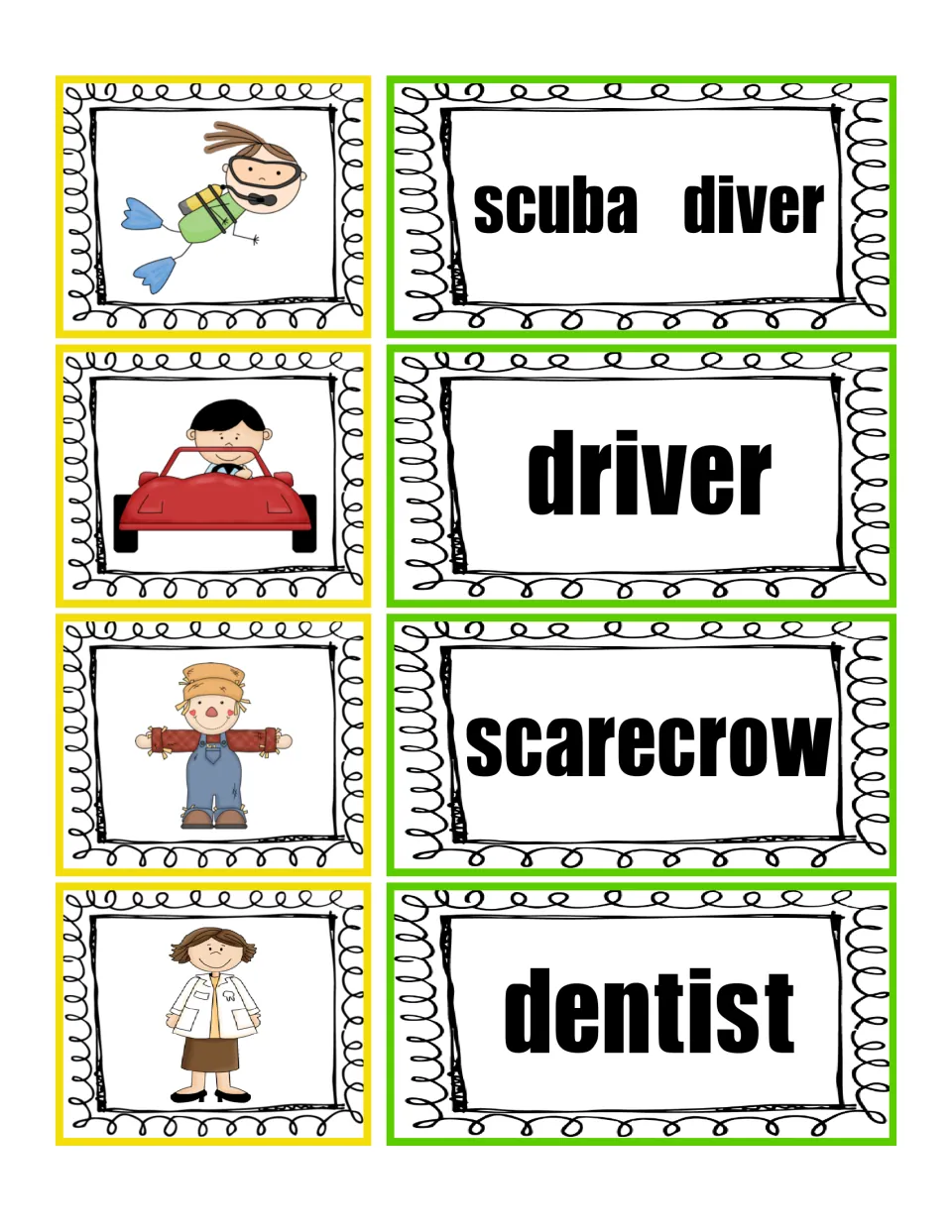 People word cards: students match picture cards of a scuba diver, driver, scarecrow and dentist to their printed words
