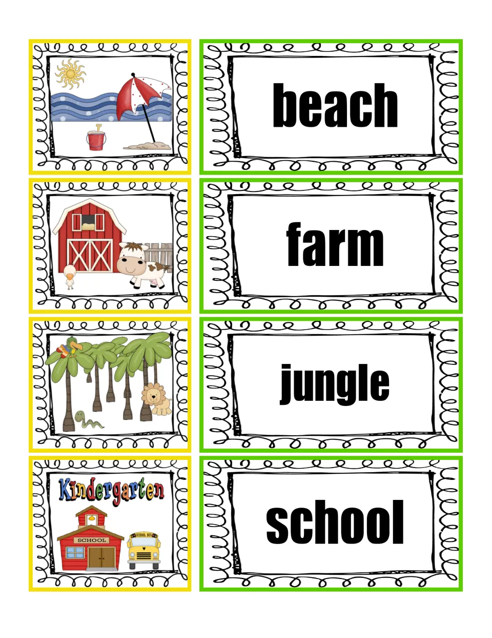 Places word cards: students match pictures of a beach, farm, jungle and school to each place word and discuss the picture