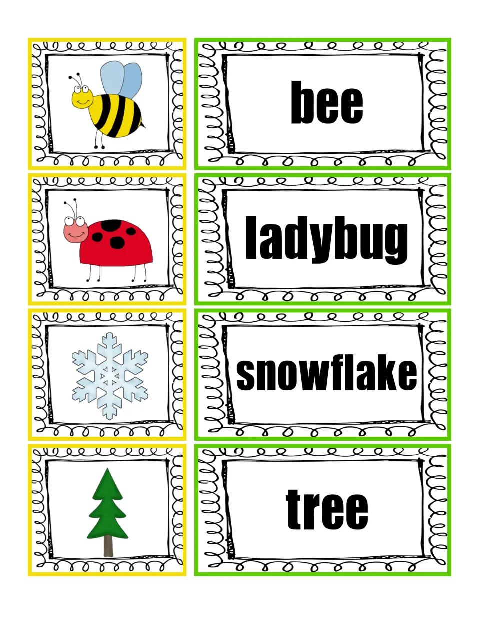Nature word cards: students match pictures of a bee, ladybug, snowflake and tree to the word each picture shows