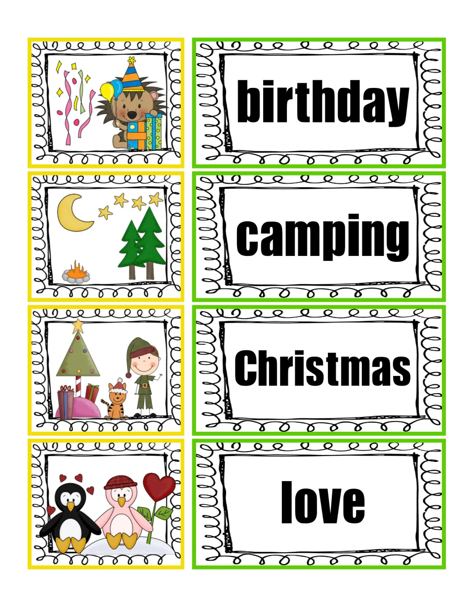 Ideas and events word cards: students match pictures to birthday, camping, Christmas and love, explaining each choice