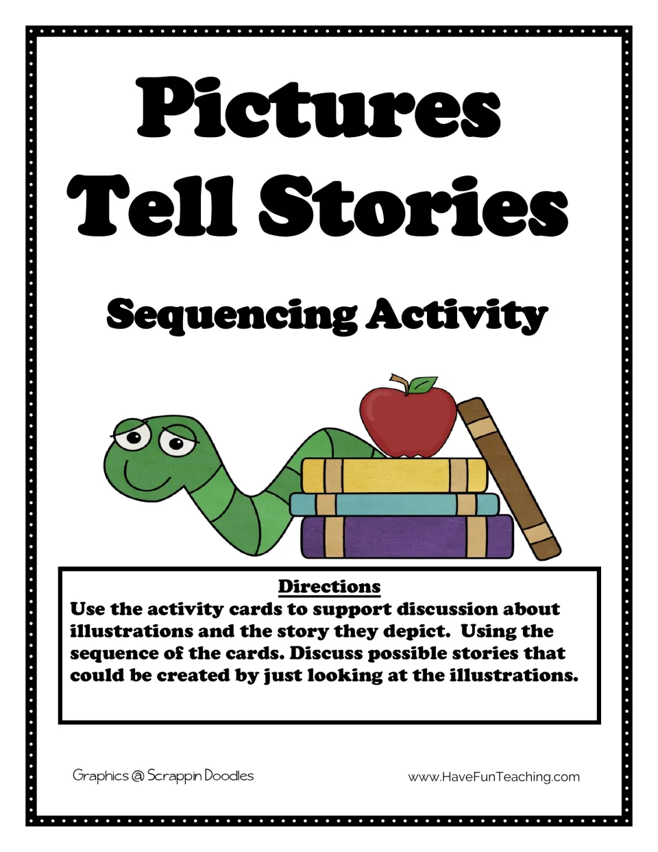 Pictures Tell Stories cover with directions: discuss the story told by each card set's illustrations, in sequence order