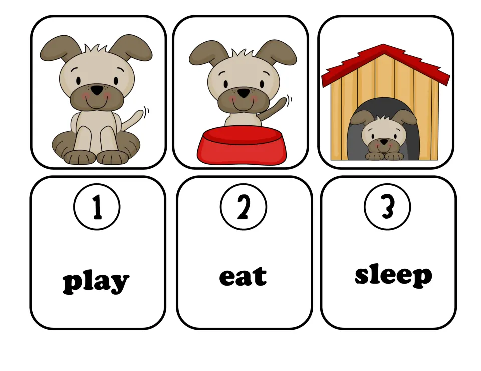 Puppy sequencing cards: three pictures of a dog playing, eating and sleeping, matched to numbered cards play, eat, sleep