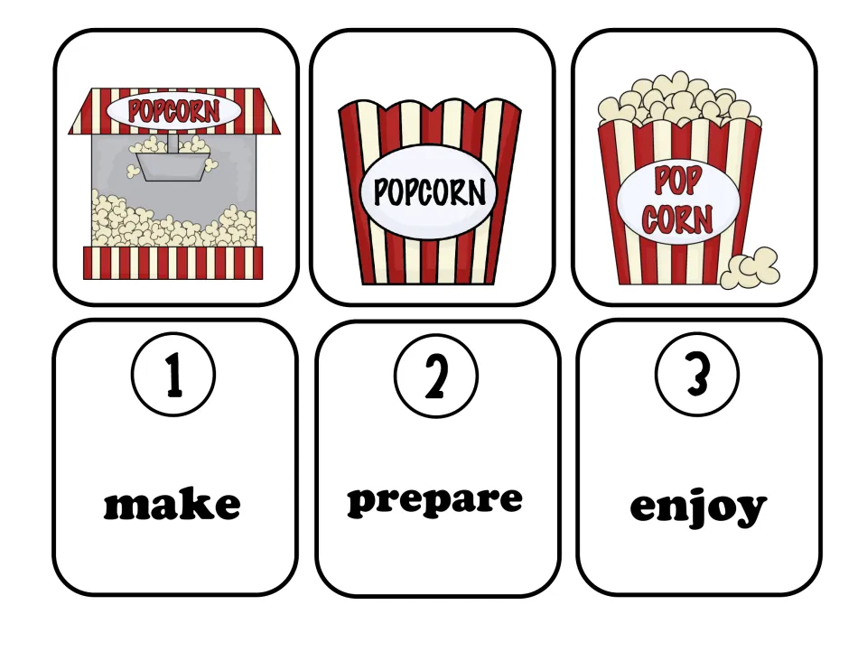 Popcorn sequencing cards: a popcorn machine, an empty popcorn box and a full box, numbered make, prepare and enjoy