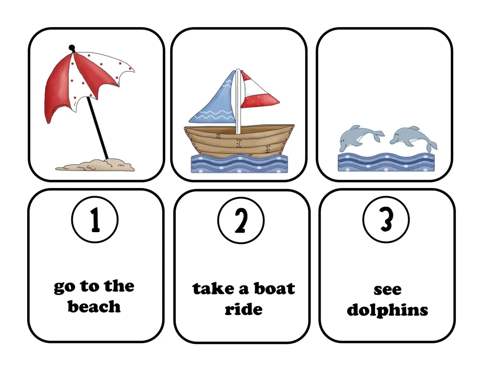 Seaside sequencing cards: an umbrella in sand, a sailboat and dolphins, numbered 1 to 3 with matching action phrases