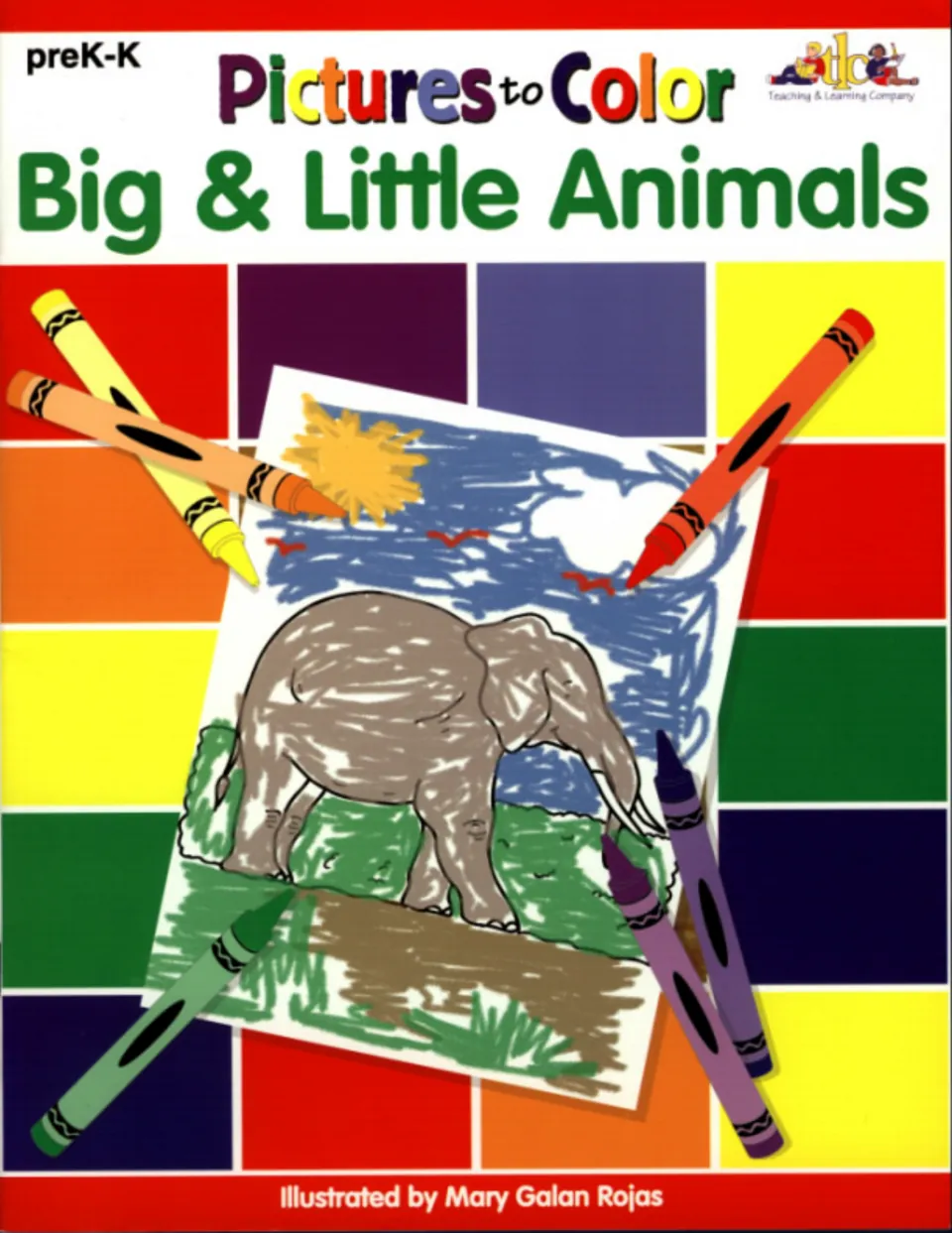 Pictures to Color: Big & Little Animals cover for preK-K showing a crayon-colored elephant on grass among loose crayons