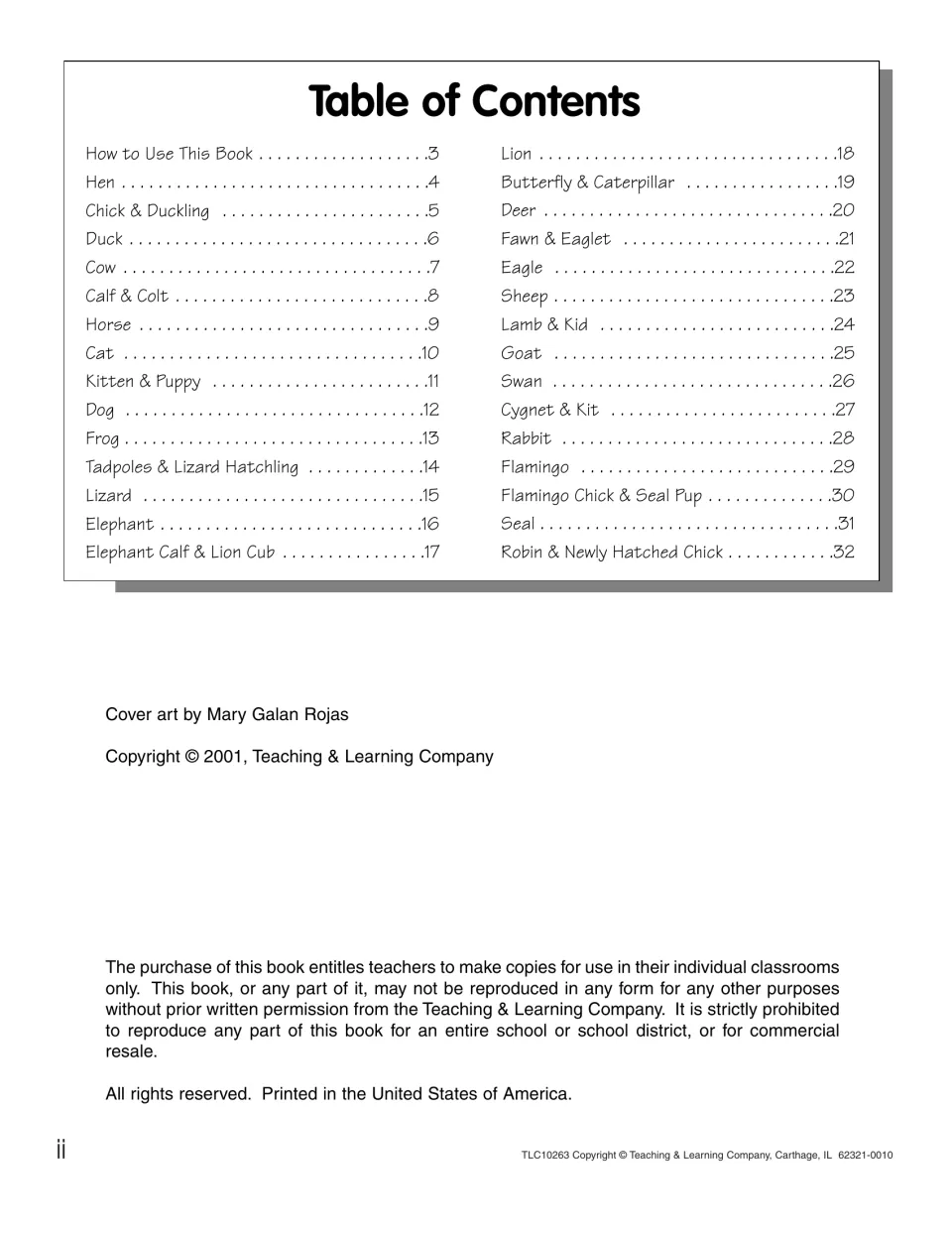 Table of contents listing 29 animal pictures from Hen to Robin & Newly Hatched Chick, plus a classroom-copying notice
