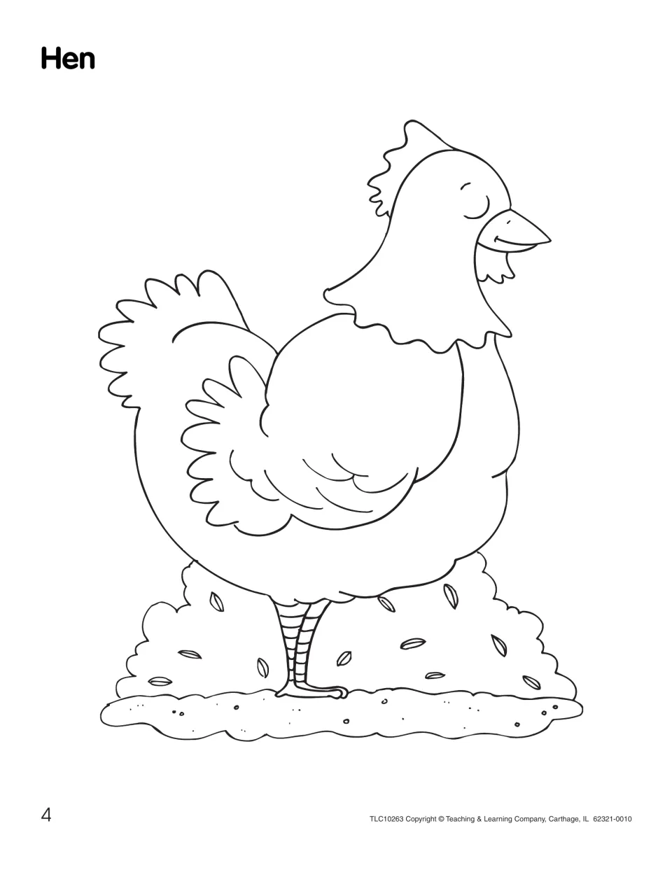 Hen coloring page: students color a large outline of a smiling hen standing on the ground among scattered seeds
