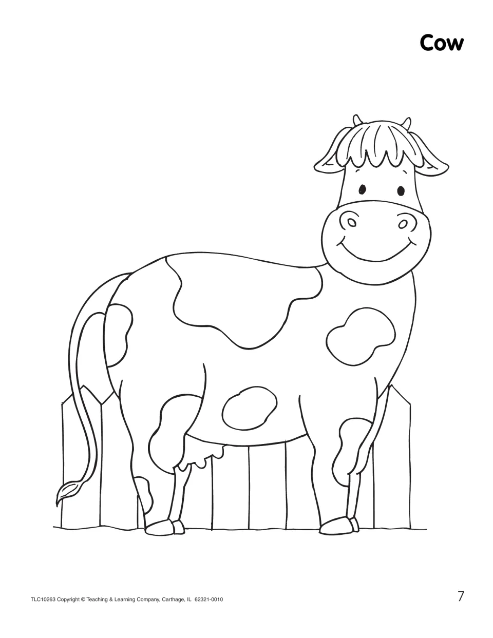 Cow coloring page: students color a smiling spotted cow standing in front of a wooden fence