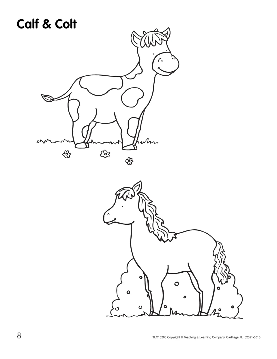 Calf & Colt coloring page: students color a spotted calf on grass with flowers and a young horse with a flowing mane