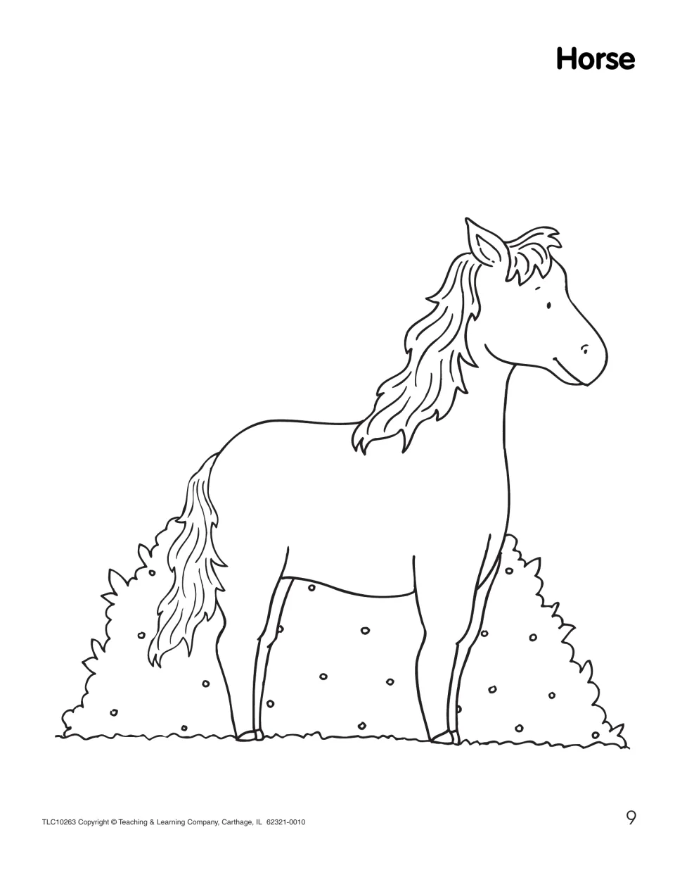 Horse coloring page: students color a large horse with a long mane and tail standing in front of bushes
