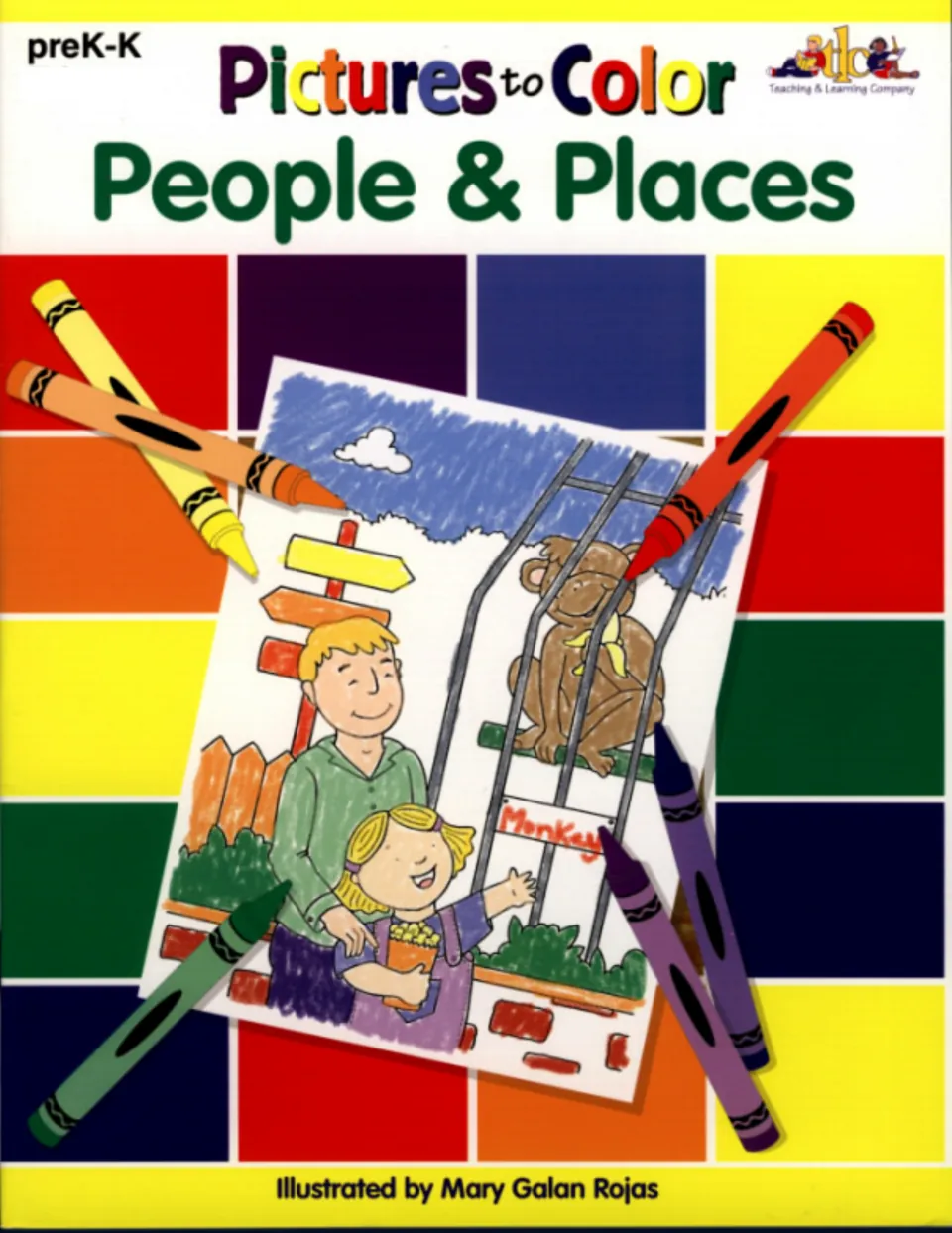 Cover of Pictures to Color: People & Places, a pre-K–K coloring book, showing a colored zoo scene
